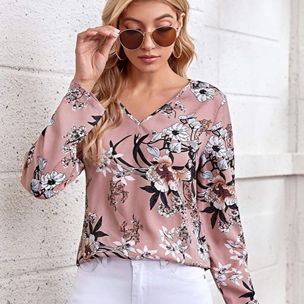 Pink Floral Print V Neck Top
